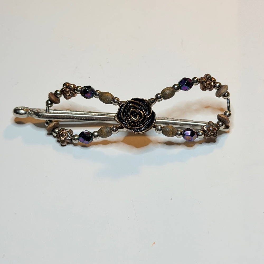 Lilla Rose Flexi Clip Hair Slide Silver Purple Beads Bronze Rose Size Medium
